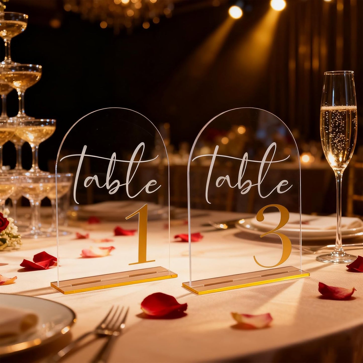 Arch Wedding Table Numbers 1-10 with Stands, 5” x 7” Elegant Acrylic Display Signs with Golden Text, Perfect Table Numbers for Wedding Reception, Centerpiece, Decoration, Party, Anniversary and Event