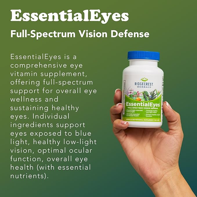 Ridgecrest Herbals EssentialEyes, Natural Eye Vitamin Supplements, Contains Lutein, Zeaxanthin, Bilberry Extract, Supports Eye and Vision Health (120 Vegan Caps, 30 Serv)