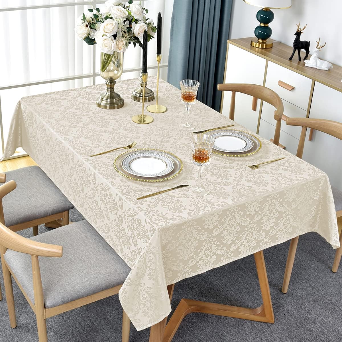 SASTYBALE Jacquard Tablecloth Rectangle 60 x 102 Inch Beige, Spill Proof Washable Damask Table Cloth, Soft Polyester Table Cover for Kitchen Dining Room, Parties, Indoor, Outdoor (Off White, Oblong)