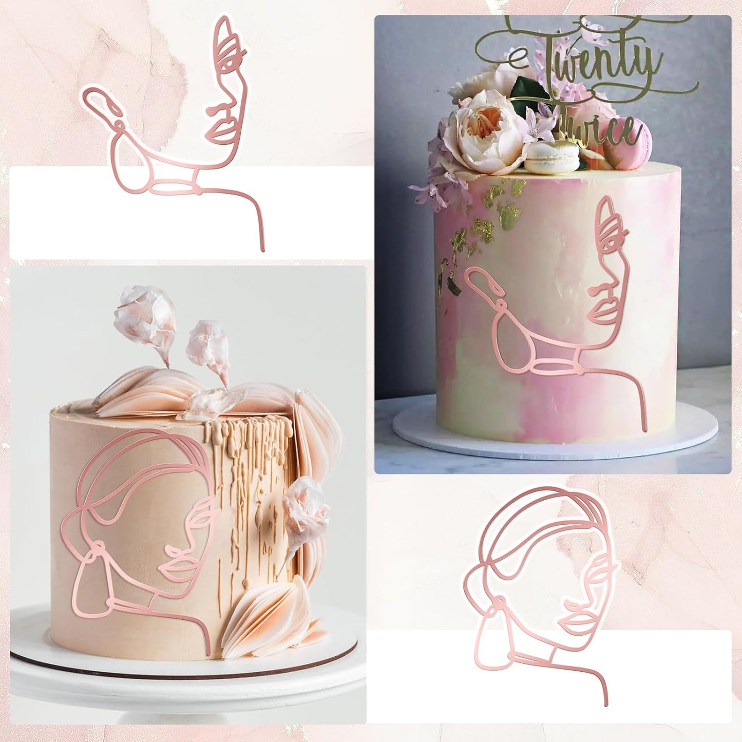 12 Pcs Acrylic Lady Face Cake Topper Minimalist Art Happy Birthday Cake Toppers Women Wedding Cake Decoration for Wedding Birthday Party (Rose gold)