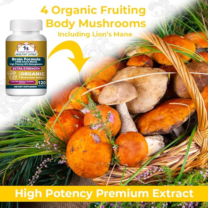 Cancer Sciences Brain Supplements for Memory and Focus - 1,500mg Brain Health Mushroom Supplement for Adults & Seniors - High Potency 40% Beta-Glucans for Immune Support & Vitamins, 120 Capsules
