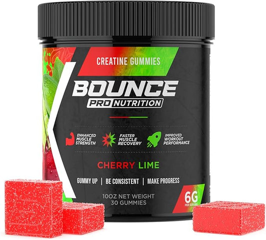 Bounce Pro Creatine Monohydrate Gummies for Men & Women, Low Calorie, 6G of Creatine per Serving, Vegan, Anti-Melting, Gluten-Free, Non-GMO, 2g of Creatine per Gummy (30ct, Cherry Lime)