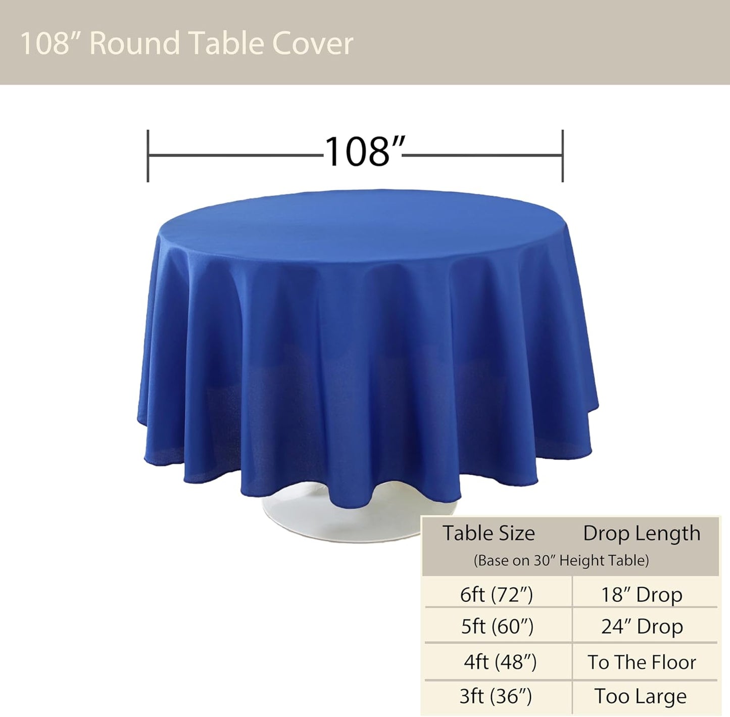 Craft And Party Round Tablecloth, 108 Inch Royal Blue Tablecloth, Polyester Fabric Washable Table Cloth for Home, Party, Wedding or Restaurant Use.