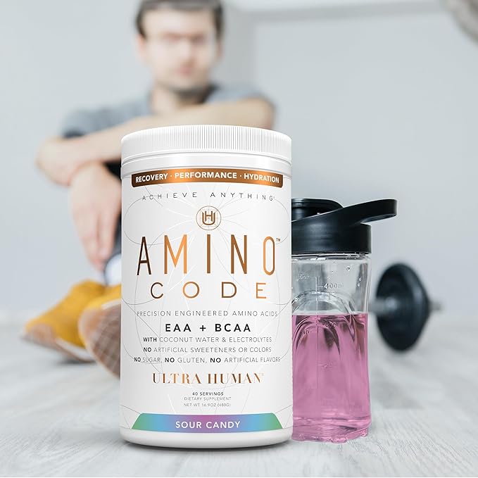 Ultra Human Amino Code | Essential Amino Acids + BCAAs + Coconut Water Electrolytes | Fast Hydration Workout Recovery Flavored Amino Energy Powder Drink | Clean Formula, 40 Servings - Sour Candy