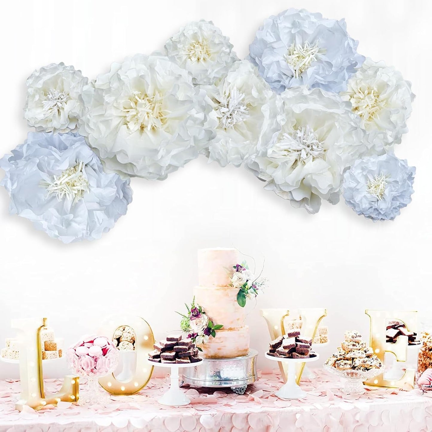 White Paper Flower Pom Poms Wall Decorations for Birthdays, Bridal, Baby Showers, Weddings, Outdoor Decor, Tea Parties, Engagement