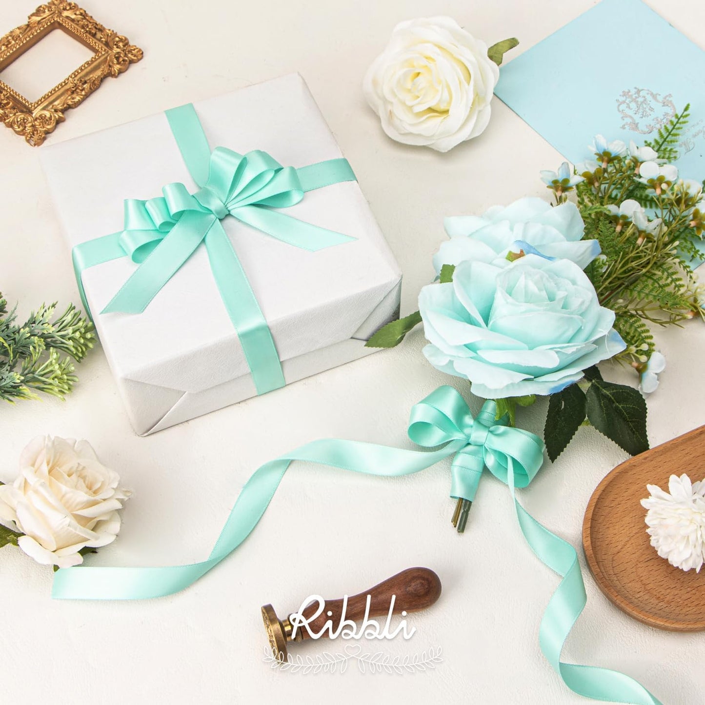 Ribbli Aqua Blue Satin Ribbon 5/8 inch x Continuous 25 Yards,Double Faced Satin Use for Craft, Gift Wrapping, Christmas Ornaments, Hair Bows, Bouquet Bows