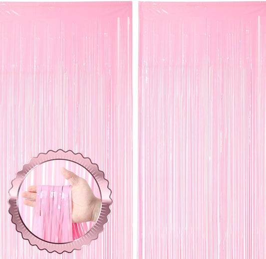 2 Pack Pastel Pink Tinsel Foil Fringe Curtains, Pink Party Decorations, Metallic Tinsel Party Streamers Backdrop for Birthday Baby Shower Graduation Wedding Gender Reveal Party Decorations