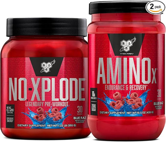 BSN Workout Bundle of NO XPLODE Pre Workout Powder Blue Raz, 30 Servings AMINO X Muscle Recovery Intra Workout Support, Caffeine Free Blue Raz, 30 Servings