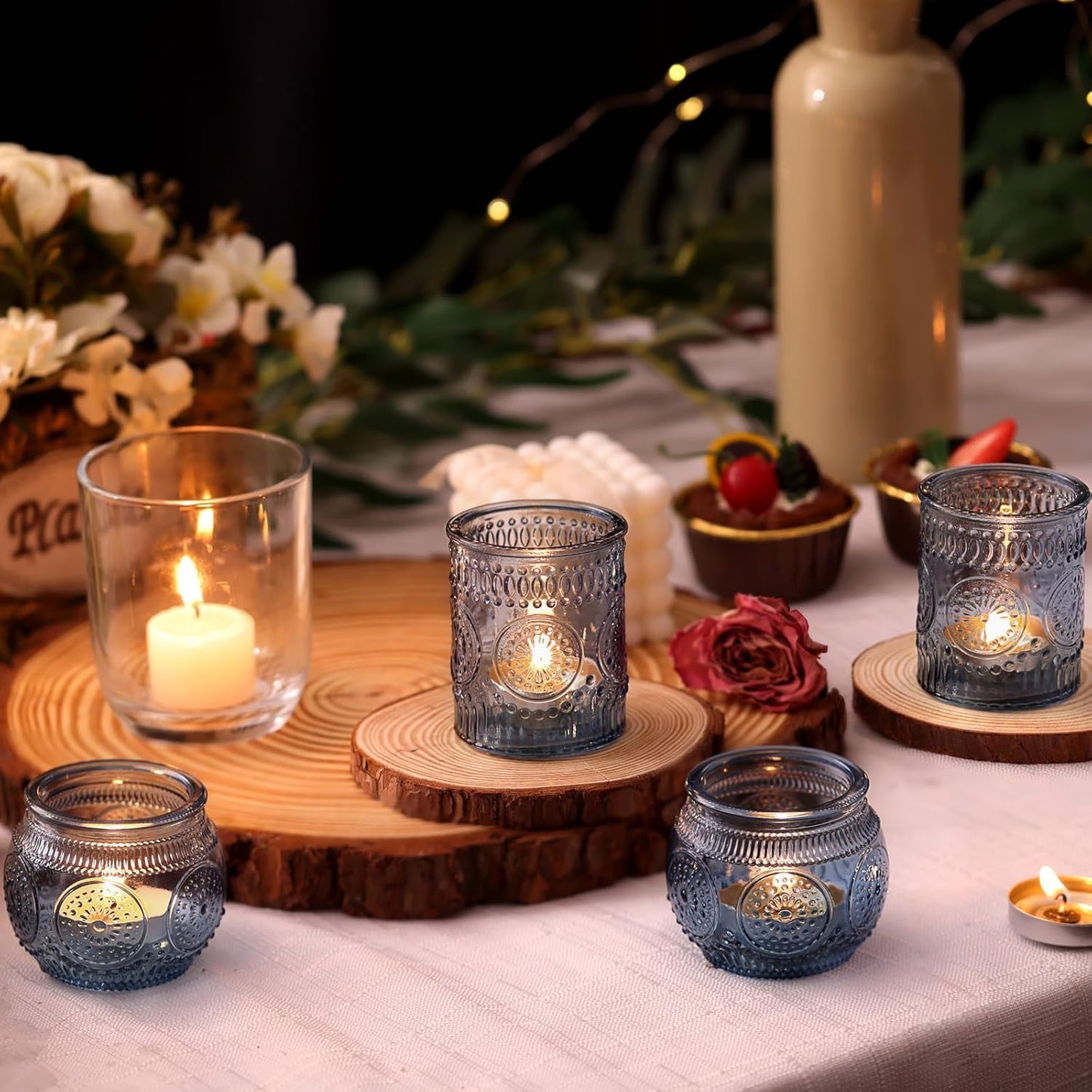 DARJEN 12Pcs Blue Votive Candle Holders - Votive Candle Holders Bulk, Glass Candle Holder for Party Decoration, Tea Lights Candle Holders for Wedding