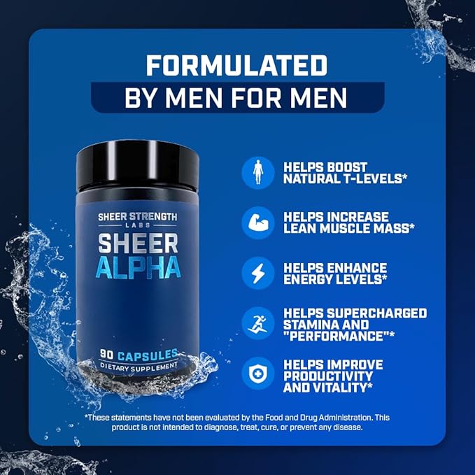 Sheer Strength Labs Testosterone Booster T-Booster for Men - Clinically Backed Dose, Strongest Formula - Made in USA - Premium Blend of Fadogia Agrestis Tongkat Ali and Shilajit. 30 Servings