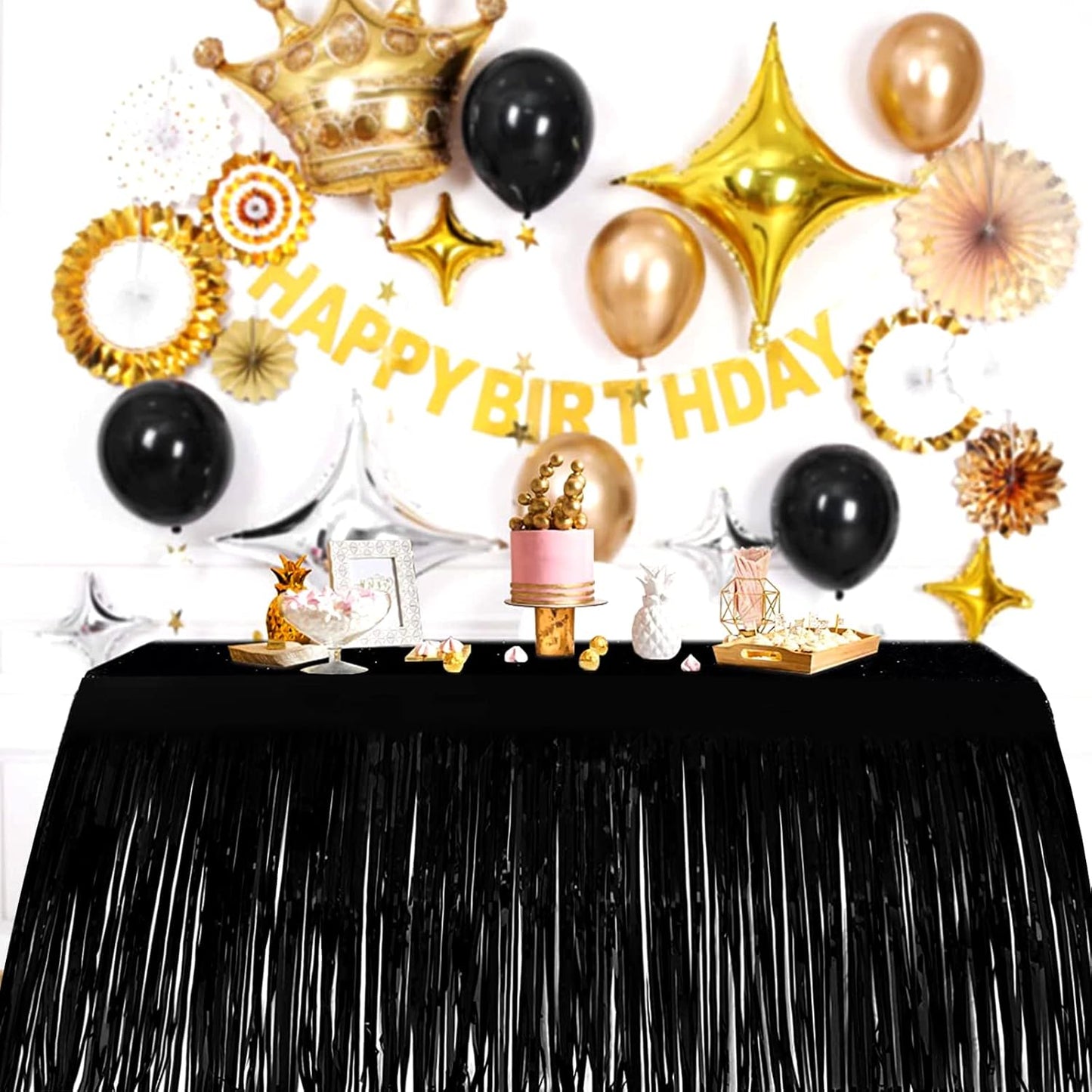 4 Pack 29x108 Inch Metallic Foil Fringe Tinsel Table Skirts for Rectangle Tables Streamer Curtains Backdrop for Halloween, Birthday, Parade Floats, Christmas Party Supplies(Black)