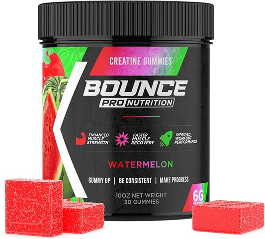 Bounce Pro Creatine Monohydrate Gummies for Men & Women, Low Calorie, 6G of Creatine per Serving, Vegan, Anti-Melting, Gluten-Free, Non-GMO, 2g of Creatine per Gummy (30ct, Watermelon)