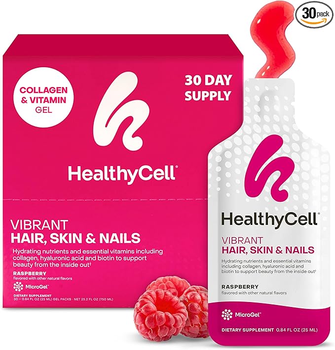 Healthycell Vibrant Hair Skin & Nails Daily Liquid Supplement - Beauty Supplements with Hydrating Nutrients & Essential Vitamins - Collagen, Biotin & Hyaluronic Acid - 30 Gel Packs
