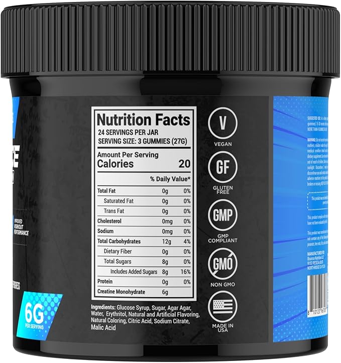 Bounce Pro Creatine Monohydrate Gummies for Men & Women, Low Calorie, 6G of Creatine per Serving, Vegan, Anti-Melting, Gluten-Free, Non-GMO, 2g of Creatine per Gummy (72ct, Blue Razz)