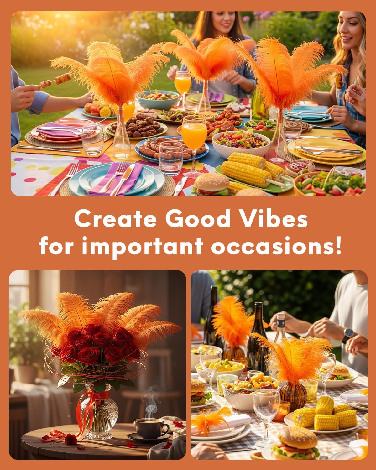 NEWONG 30pcs Orange Ostrich Feathers Natural Bulk 8-10in（20-25cm） Vase Craft Wedding Home Party Centerpieces Christmas Day Decoration