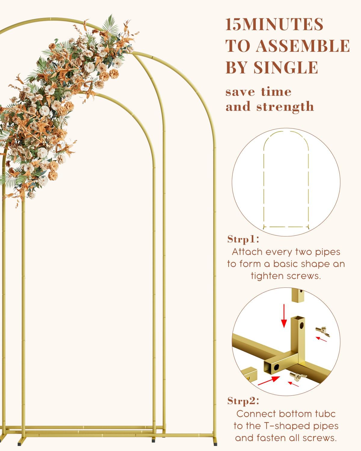 Wedding Arch Set of 3, Gold Metal Arch Backdrop Stand, Balloon Arch Stand Wedding Frame for Ceremony Decoration (Gold, 7.2FT, 6.6FT, 6FT Arch Backdrop)