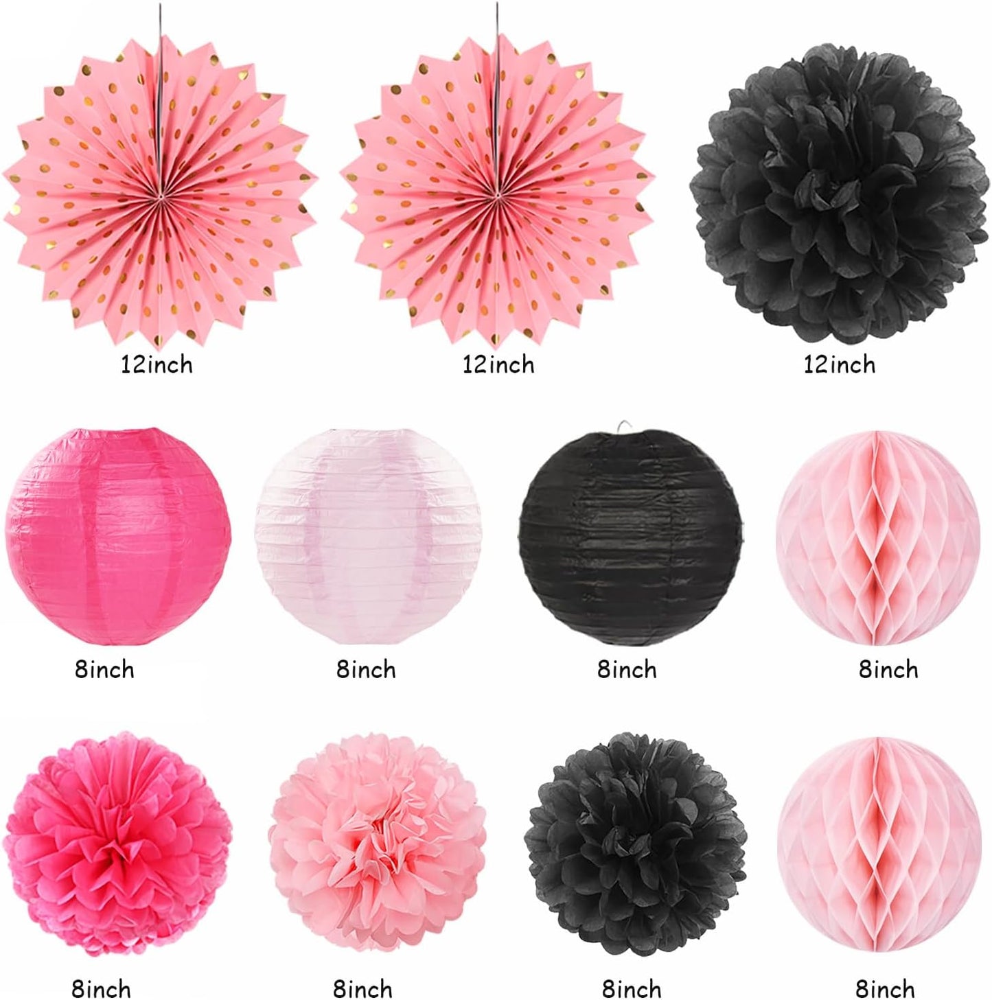 Hot-Pink Black Girls-Women Birthday Party-Decorations - 21pcs Baby Happy Banner, Paper Streamers Lanterns,Tissue Pom Poms Fan,Backdrop Decor Huglony