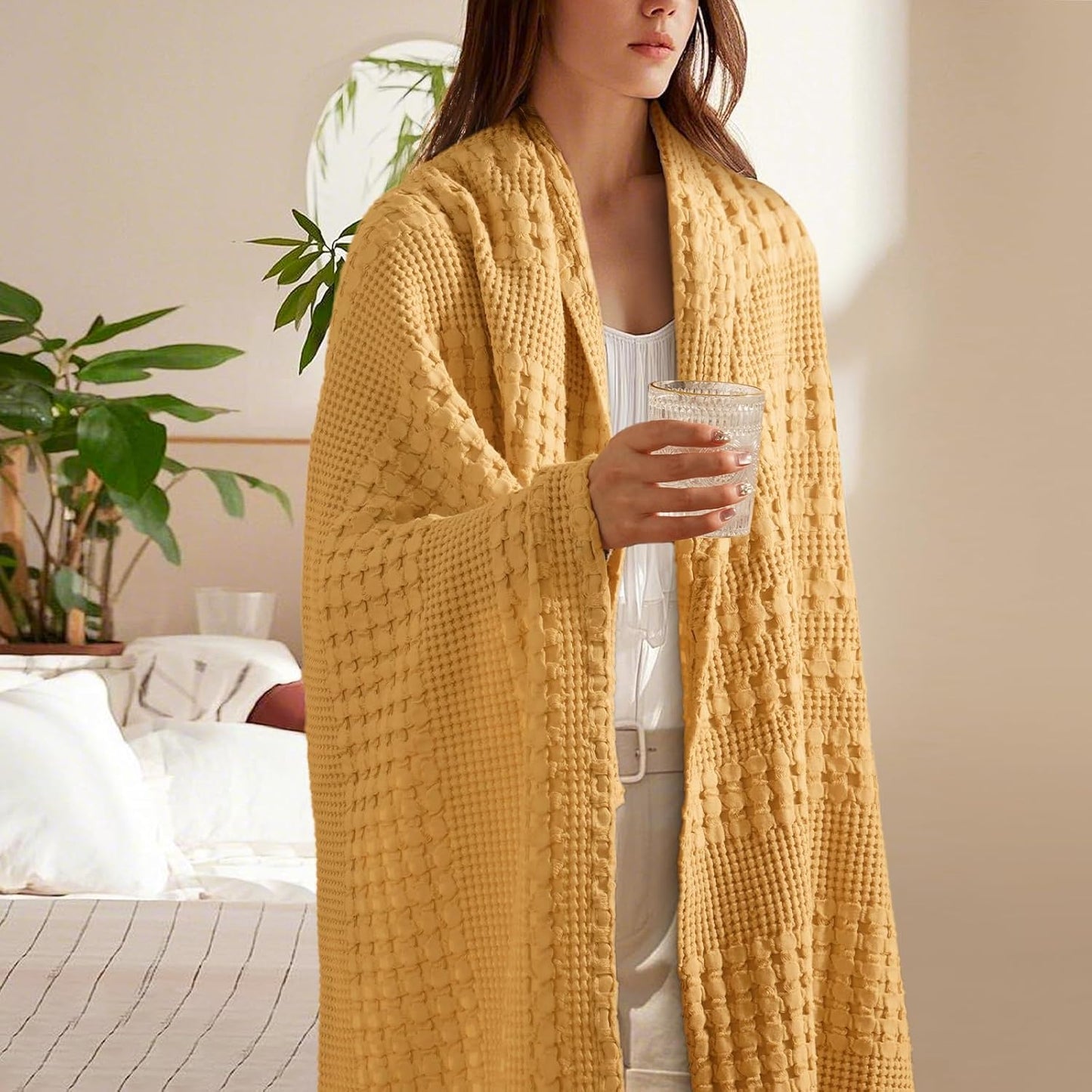 PHF 100% Cotton Waffle Weave Throw Blanket, Soft Lightweight Breathable Cozy Throws for Couch Bed Sofa, Luxury Aesthetic Woven Blanket for Home Decor & Office, 50"x60", Ginger/Honey Yellow