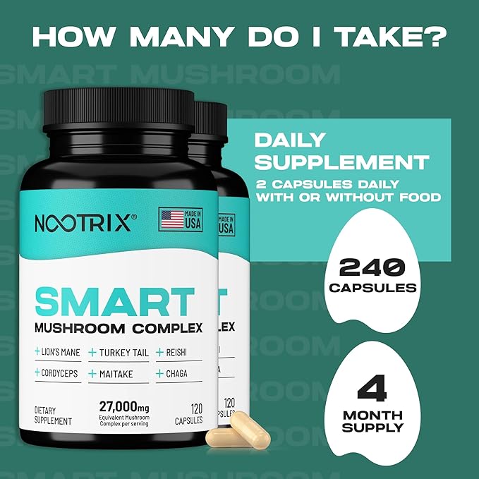 Smart Mushrooms Complex Supplement | Supports Memory, Mental Focus, Cognitive Health & Energy | 27,000mg Organic Mushrooms | Lions Mane, Reishi, Cordyceps, Chaga & Turkey Tail | 240 Capsules