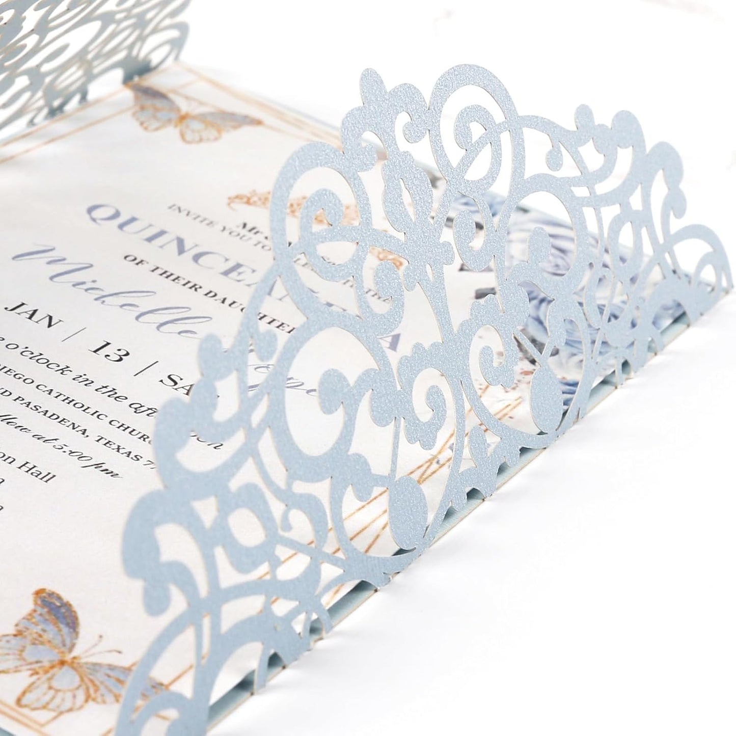 50pcs Laser Cut Wedding Invitation Pockets 5x7 '' Dusty Blue Wedding Invitations Kit With Envelopes Blank Inner Sheet and Ribbon for Wedding Bridal Shower Quinceanera Engagement Party Invite