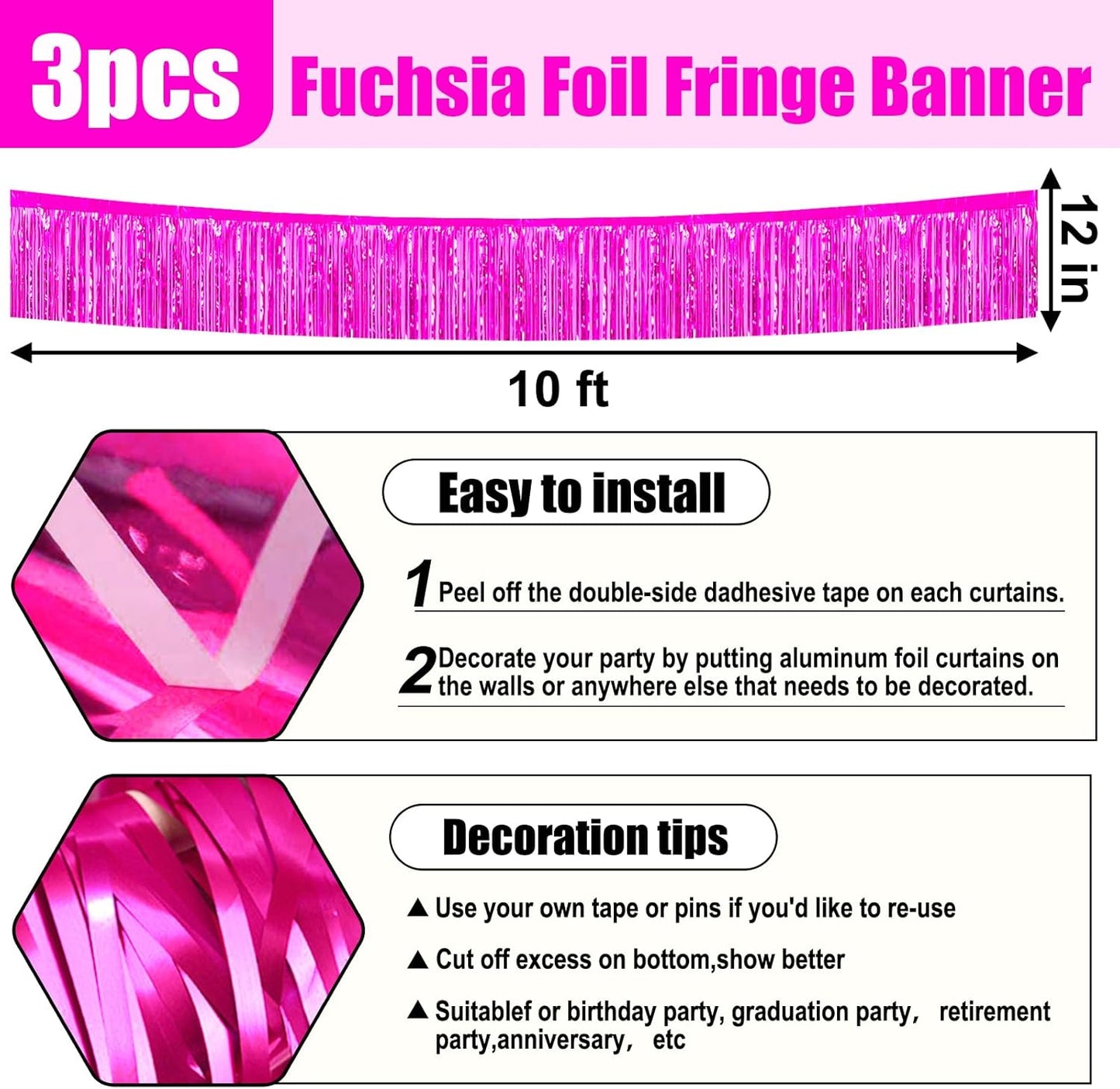 3 Pack 10 Long Rose Red Metallic Foil Fringe Garland Wall Hanging Tassle Banner, Mother's Day, Easter, Parade Floats, Birthday, Theme Party, Wedding Party Decorations