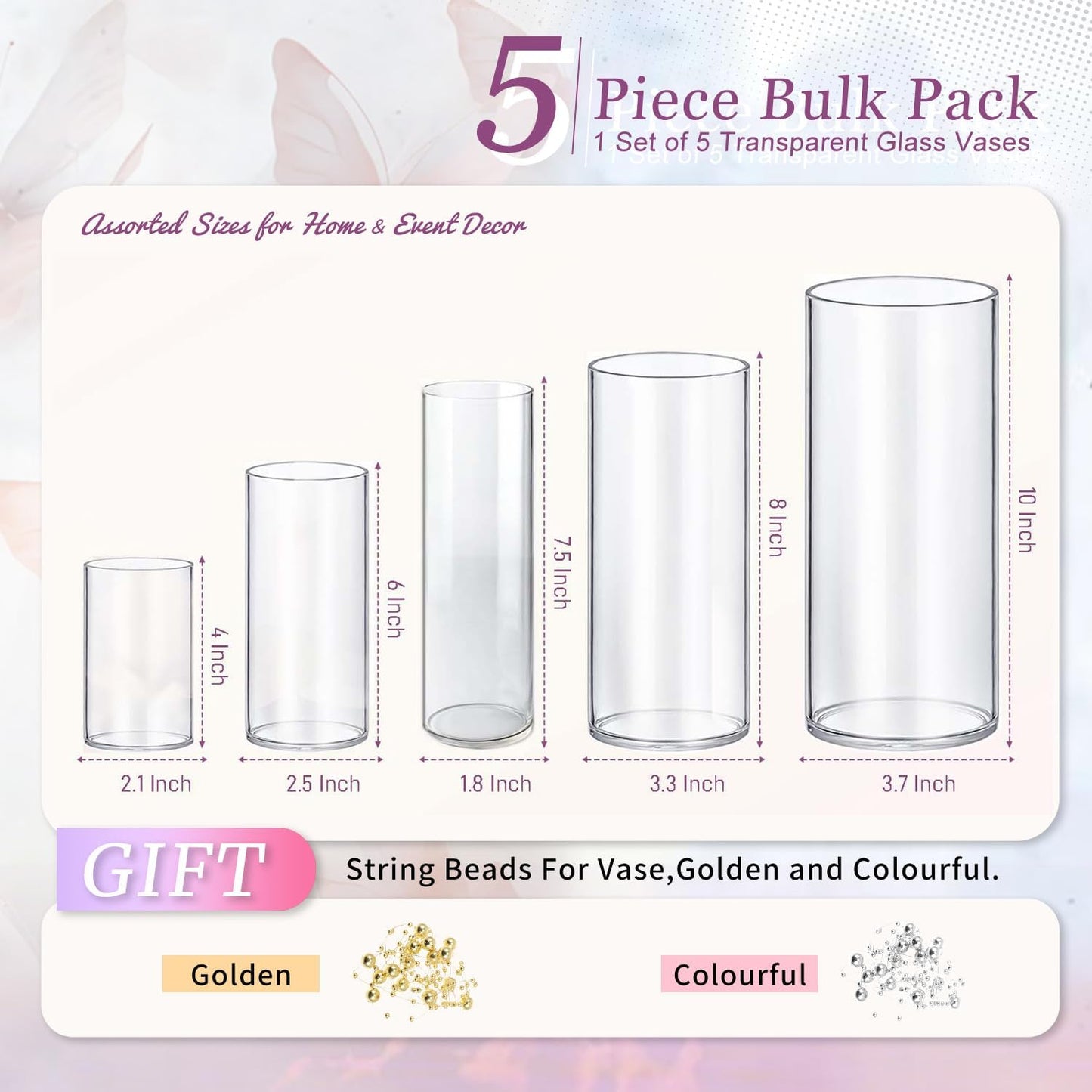 5pcs Glass Vase Cylinder Vases for Centerpieces Small Flower Glass Vases Home Decor Centerpiece Table Clear Flower Vase Decorations for Wedding＆Holiday 4,6,7.5,8,10 Inch Tall