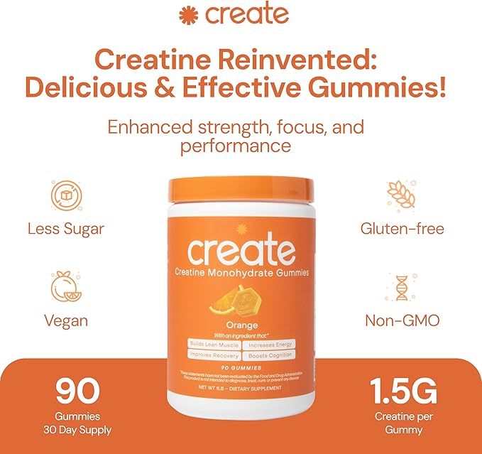 Create Creatine Monohydrate Gummies for Men & Women, Boost Focus, Strength, and Endurance, Anti-Melting Formula, Vegan, Gluten-Free, Non-GMO, 1.5g of Creatine per Gummy (Orange, 90 ct)
