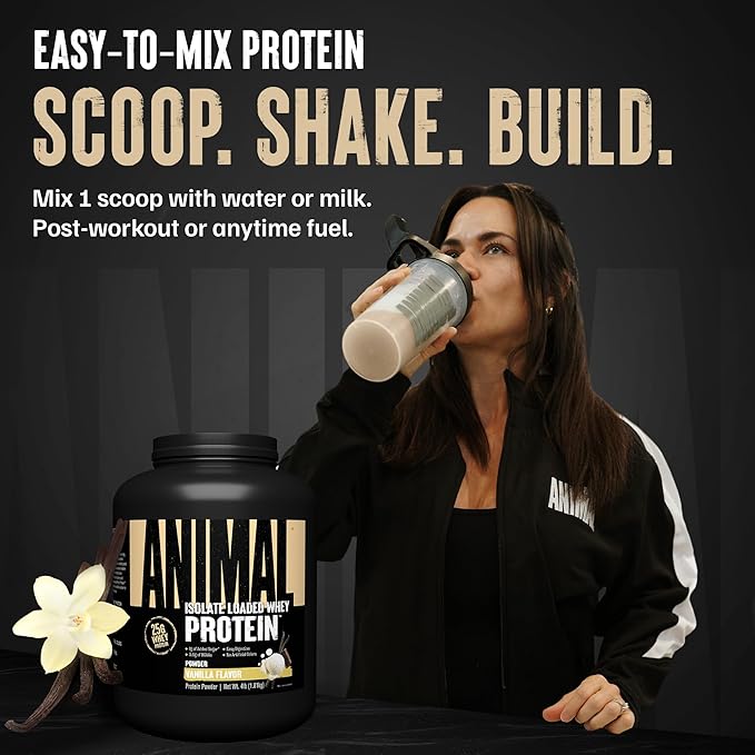 Animal Whey Isolate Protein Powder - Loaded for Pre & Post Workout Muscle Builder and Recovery with Digestive Enzymes for Men & Women - 25g Protein, Great Taste, Low Sugar - Vanilla 4 lbs
