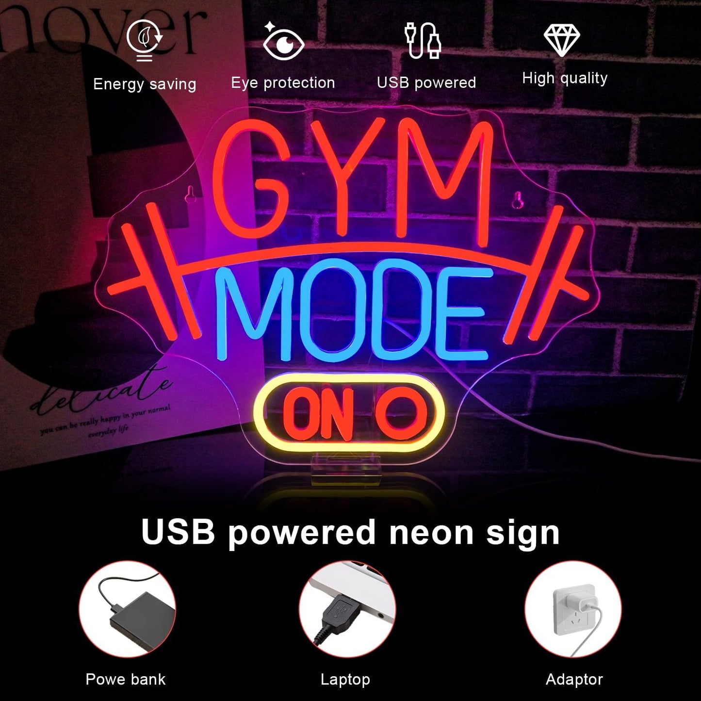 Lucunstar Gym Mode Neon Sign,Red LED Neon Light for Wall Decor,Dimmable Switch USB Powered with LED Lights for Bussness Man Cave,Dumbbell Gym Club Decor