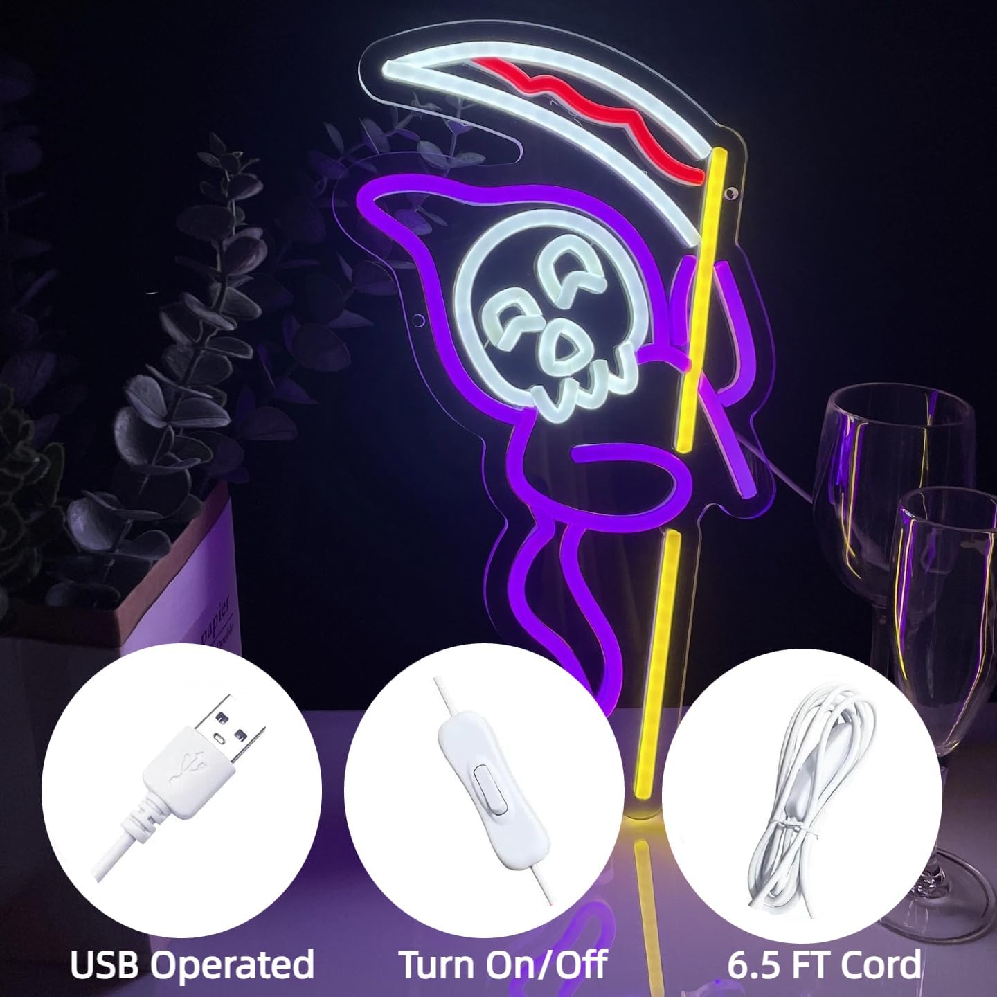 Grim Reaper Neon Sign Halloween, USB Halloween Neon LED Light for Wall Decor, Grim Reaper Ghost Halloween Sign Decorations for Home Bar Salon Coffee Stores Porch Front Door