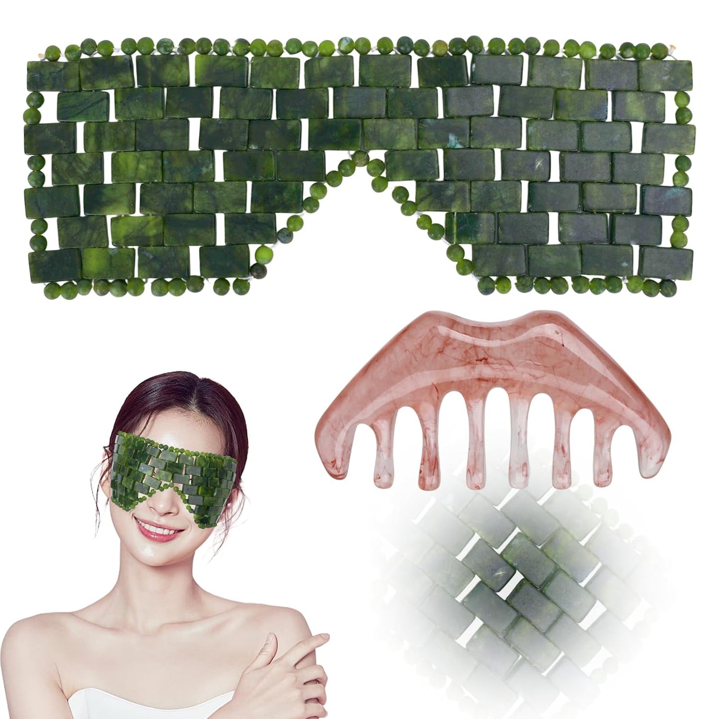 2 Pcs Jade Eye Mask and Scalp Massage Comb Set, Natural Jade Stone Hot & Cooling Eye Mask for Puffy Eyes & Help Soothe Eye Fatigue, Resin Scalp Massager Tool for Relaxation and Head Care