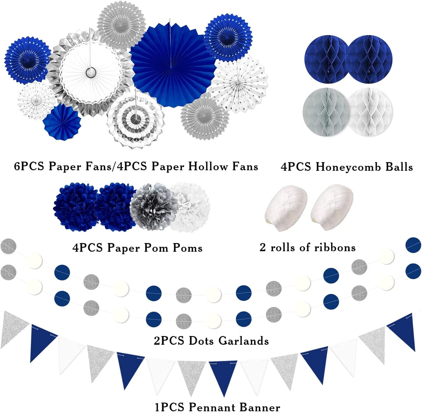 Blue and Sliver Party Decorations, 23Pcs Blue Birthday Decorations with Hanging Paper Fans, Pom Poms Flowers Packs for Graduation Party,Boy Birthday, Baby Shower