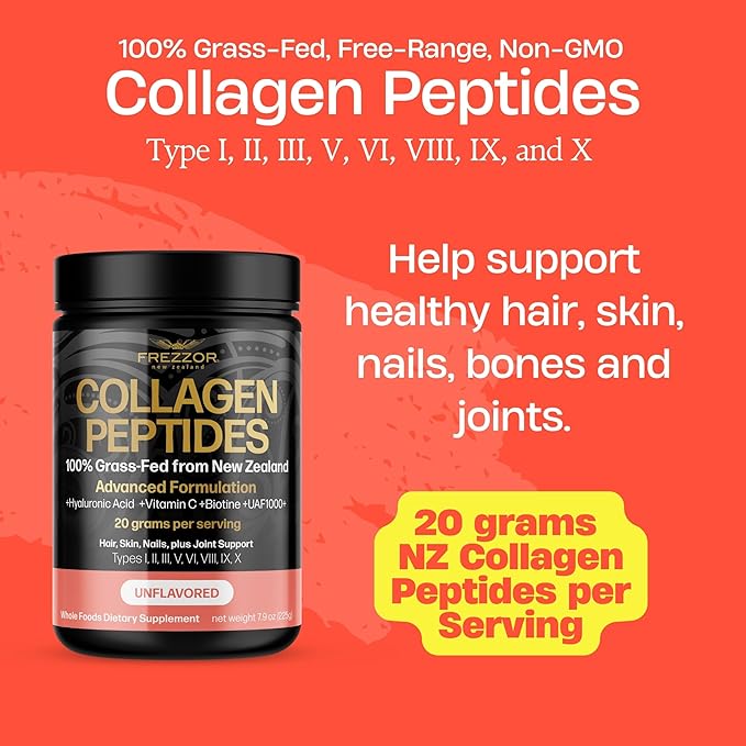 FREZZOR Collagen Peptides Powder, Fine Lines & Wrinkles, Hair & Nails, Supports Youthful Flexibility & Mobility, 100% New Zealand Hydrolyzed Beef Bone Collagen, Unflavored 675g 3 Jars