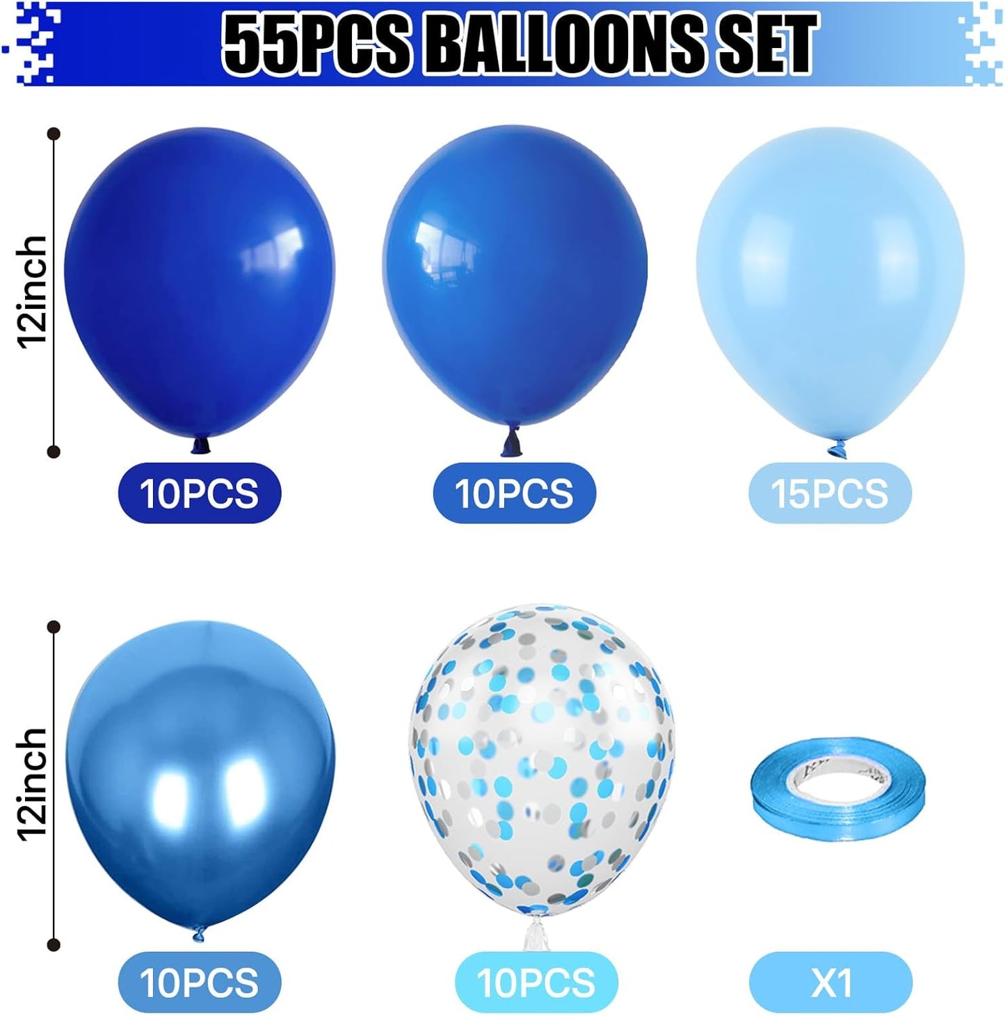 Royal Blue Balloons 12Inch Metallic Chrome Dark Light Blue Party Balloons, Silver Confetti Latex Balloons Set for Birthday Wedding Ocean Theme Party Decorations Graduation