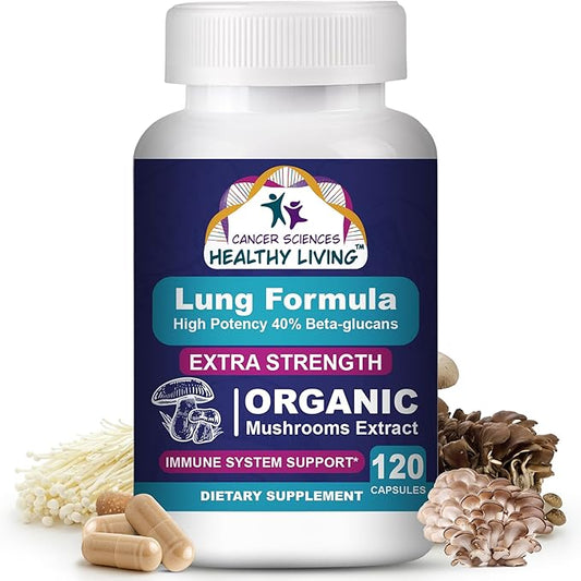 CANCER SCIENCES Lung Health & Wellness Supplement, USDA Certified Organic Mushrooms Extract, 1,500 mg Extra Strength, High Potency 40% Beta-Glucans, Immune Support, Healthy Lungs Booster, 120 Capsules