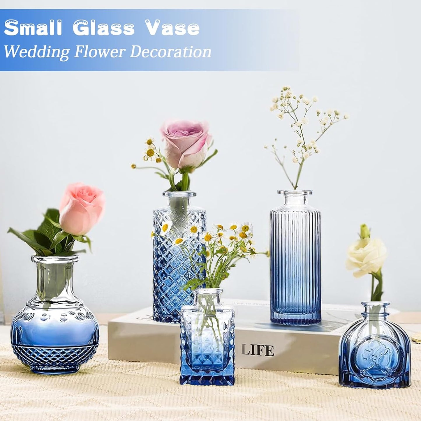 Bud Vases Set of 24, Gradient Blue Vintage Small Vases for Flowers, Clear Crystal Mini Glasses in Bulk, Small Flower Design for Centerpieces Wedding Home Flower Party Decor