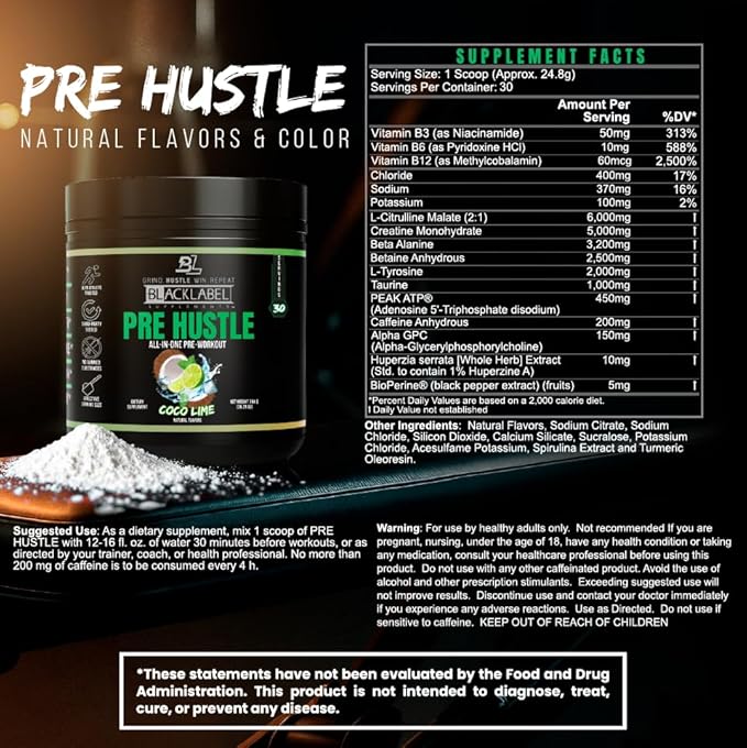 BLACKLABEL Supplements PRE Hustle V3 Pre-Workout Powder – NSF Certified for Sport – Energy, Strength & Endurance Support – Coconut Lime Flavor – with Creatine & Caffeine – 30 Servings