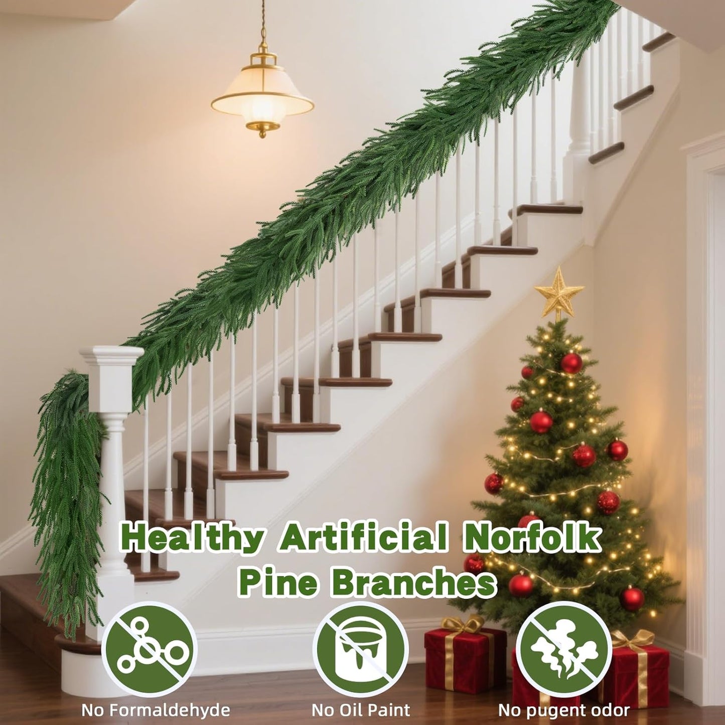 2 Pcs Christmas Garland 6 FT Artificial Norfolk Pine Garland for Winter Decoration, Realistic Green Garland Christmas Greenery for Mantle, Table, Wall, Indoor Outdoor Decor (120 Branches)