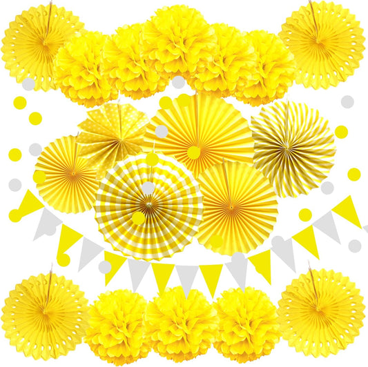 ZERODECO Party Decoration, 21 Pcs Yellow Hanging Paper Fans Pom Poms Flowers, Garlands String Polka Dot and Triangle Bunting Flags for Minnie Mouse Birthday Parties Baby Showers Wedding