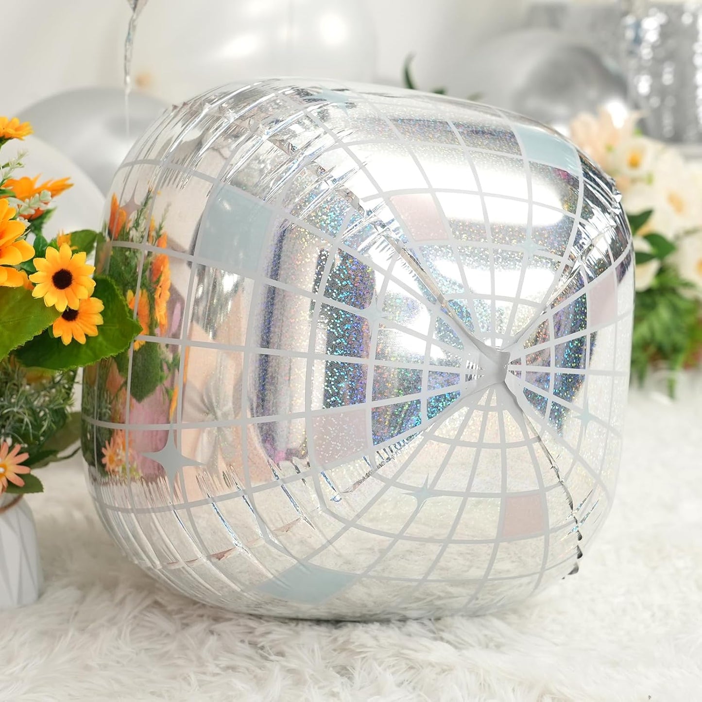 Iridescent Disco Ball Balloons 4PC,Foil Disco Balloons 22 Inch 4D Round Balloon for 70s 80s Birthday Bachelorette Graduation Decorations