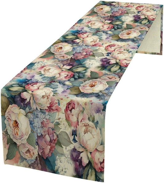 Vintage Floral Table Runner,Girls Women Rose Romantic Leaf Botanical Watercolor Pattern Print Burlap for Hotel Indoors Outdoor Dining Room Kitchen Holiday Party, 13x80in