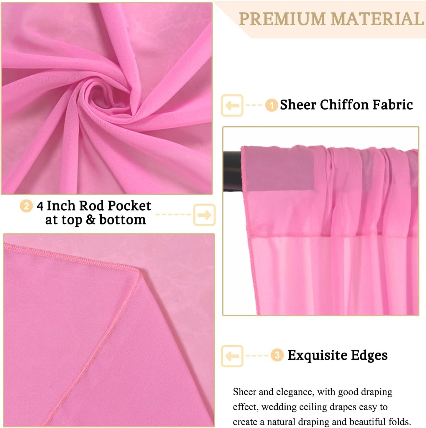 MODFUNS 4 Panels Pink Ceiling Drapes for Weddings 5x20FT Wedding Arch Draping Fabric Sheer Chiffon Curtains for Backdrop Wedding Ceiling Curtain Chiffon Fabric Drapery Wedding Stage Hall Ceiling Decor