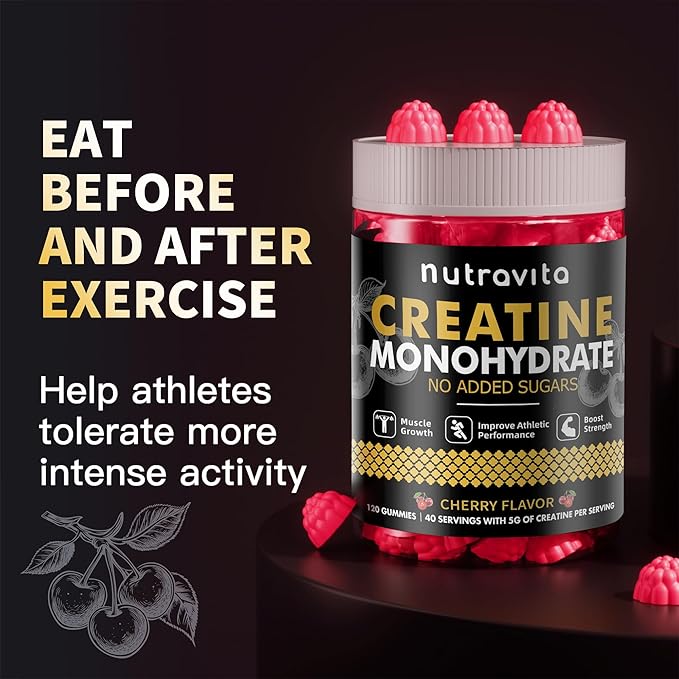 Creatine Monohydrate Gummies for Men & Women-5g of Creatine Monohydrate per Serving - Sugar Free,Vegan, Cherry Flavor, 120 Count