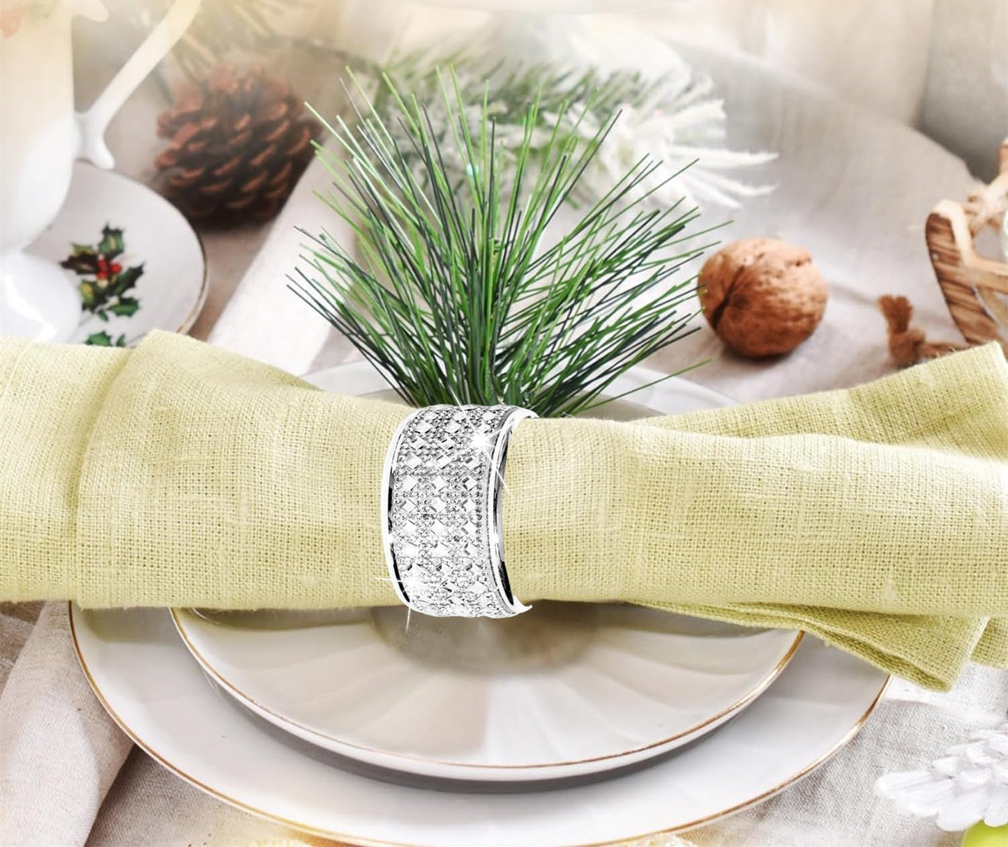 Rhinestone Napkin Rings Silver Set of 6,Crystal Napkin Holder Bling Diamond Serviette Buckles Tables Setting Decoration for Wedding Receptions, Christmas, Thanksgiving Holiday Party Dinner Parties