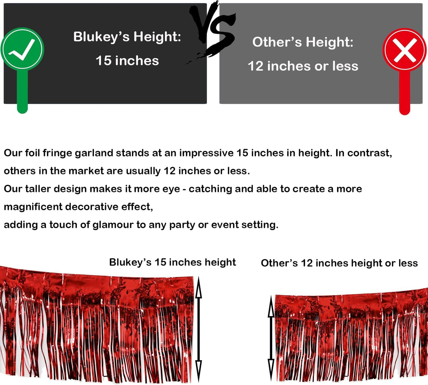 Thick 10 Feet by 15 Inch Red Foil Fringe Garland - Pack of 3 | Shiny Metallic Tinsel Banner for Parade Floats, Bridal Shower, Wedding, Birthday, Christmas | Wall Hanging Drapes (3)