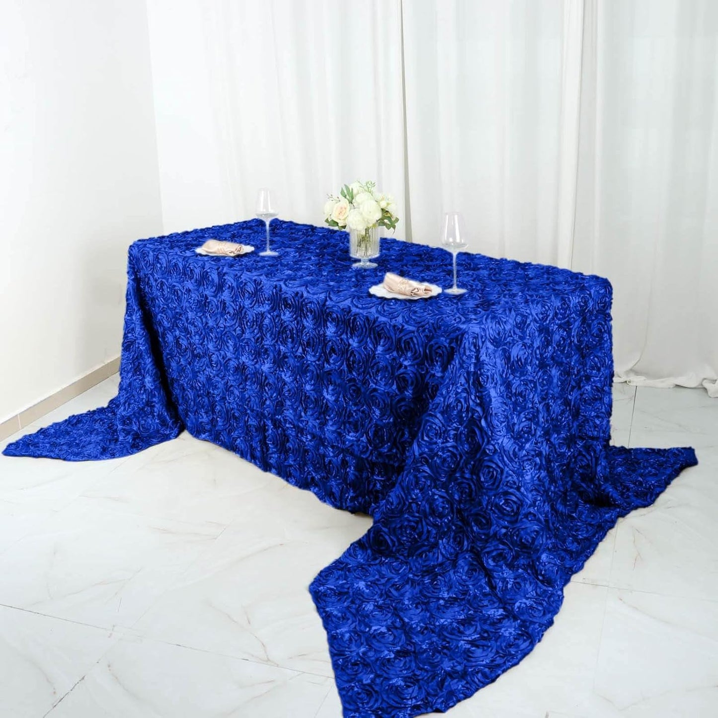 Efavormart 90"x156" Wholesale Rectangle Table Cover Royal Blue Grandiose Rosette 3D Satin Tablecloth for Wedding Party Event