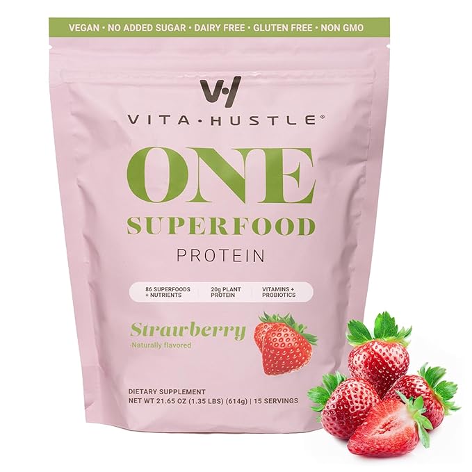 VitaHustle ONE Meal Replacement Shake - Plant Based Protein Powder by Kevin Hart - Vegan, Meal Replacement Powder with Superfoods, Vitamins, Adaptogens & Probiotics -Strawberry Flavor, 15 Servings
