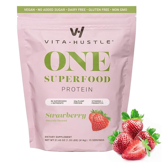 VitaHustle ONE Meal Replacement Shake - Plant Based Protein Powder by Kevin Hart - Vegan, Meal Replacement Powder with Superfoods, Vitamins, Adaptogens & Probiotics -Strawberry Flavor, 15 Servings