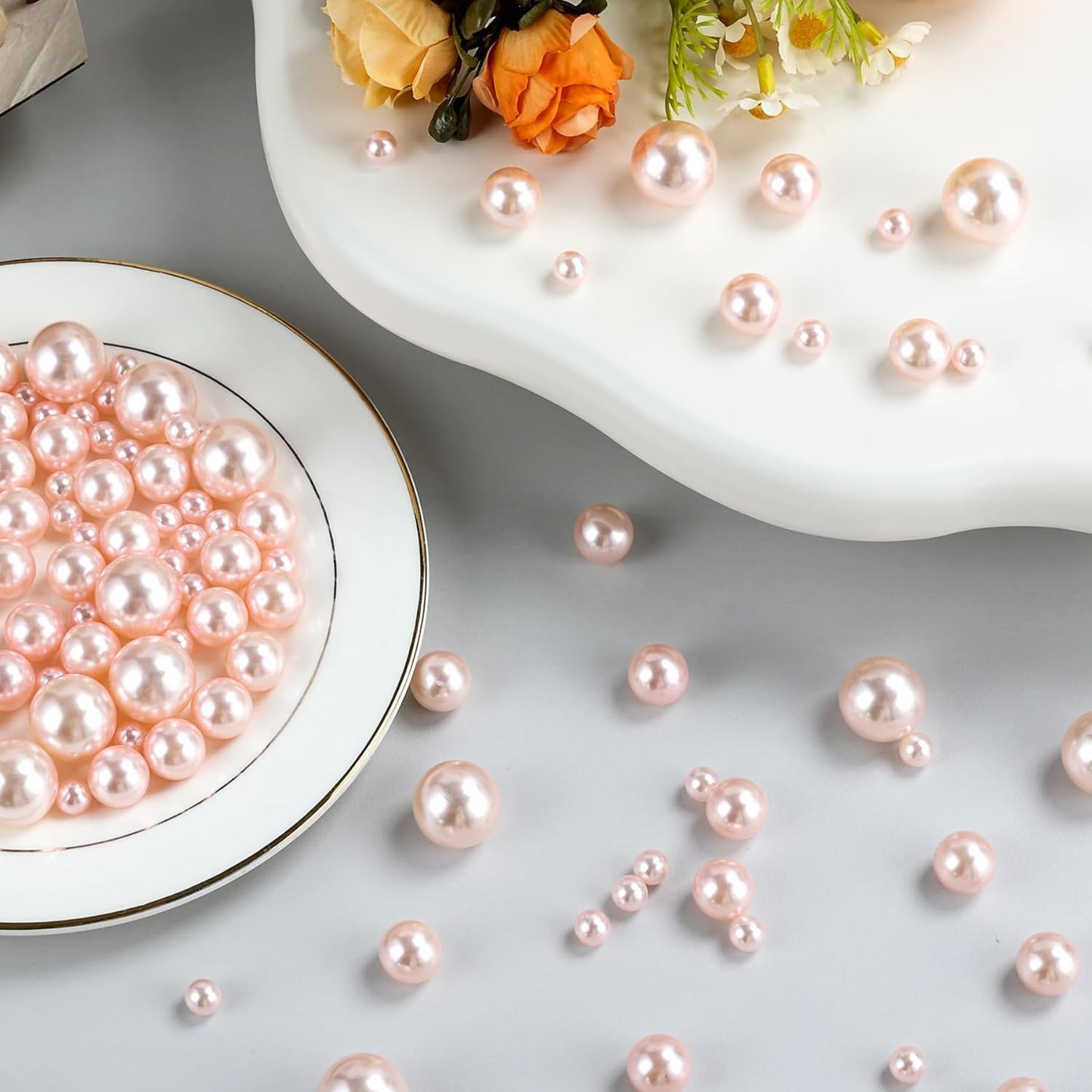 260Pcs Pink Glossy Beads for Centerpiece Decor, Artifical Pearls Vase Filler, Makeup Brush Beads, No Hole Round Pearl Beads for Wedding Birthday Christmas Party Home Decor(18mm 14mm 6mm)