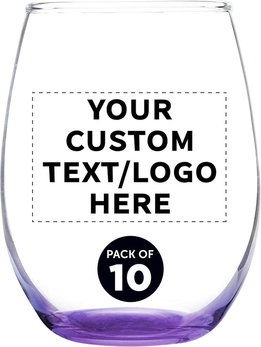 Custom Stemless Wine Glass 9 oz. Set of 10, Personalized Bulk Pack - Great for Wedding Favors, Bachelorette Party Decorations, Party Favors, Color Bottom - Purple